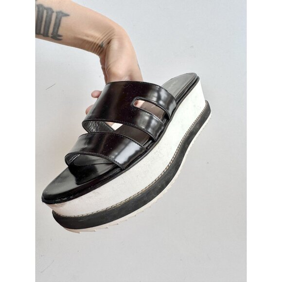 STUART WEITZMAN Black Leather White Platform Slip On Sandals Slides, Size 7.5 - Picture 8 of 16